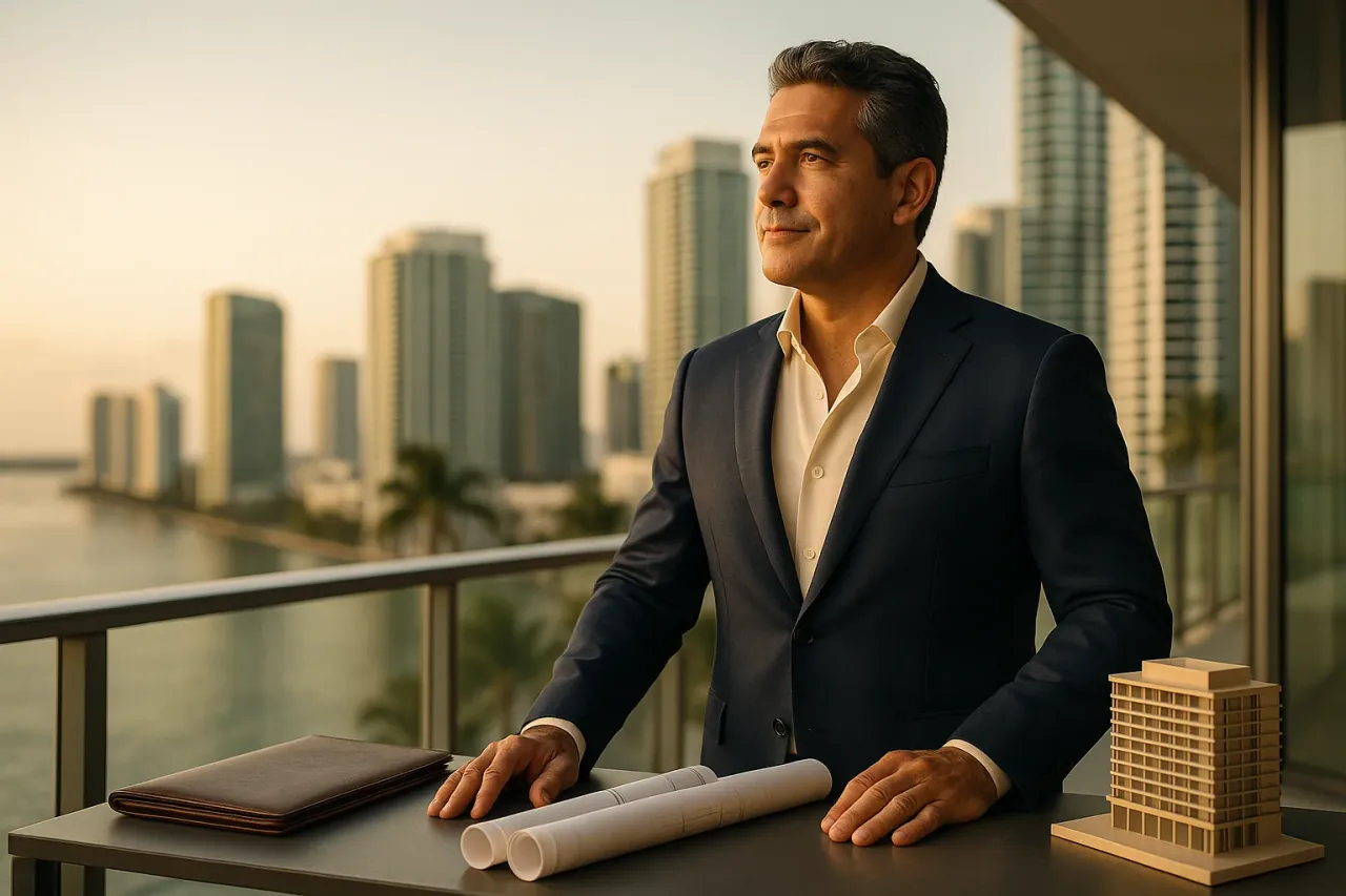 Inversionista latino en oficina de Miami revisando un proyecto para obtener la Green Card por visa EB-5