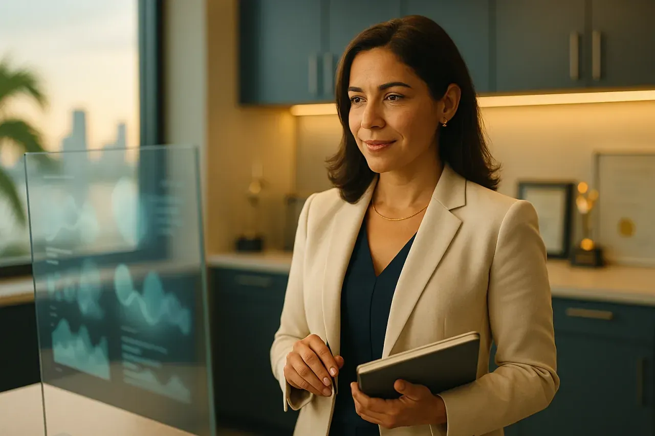 Latina professional of extraordinary ability in a Miami laboratory, illustrating the EB-1A visa