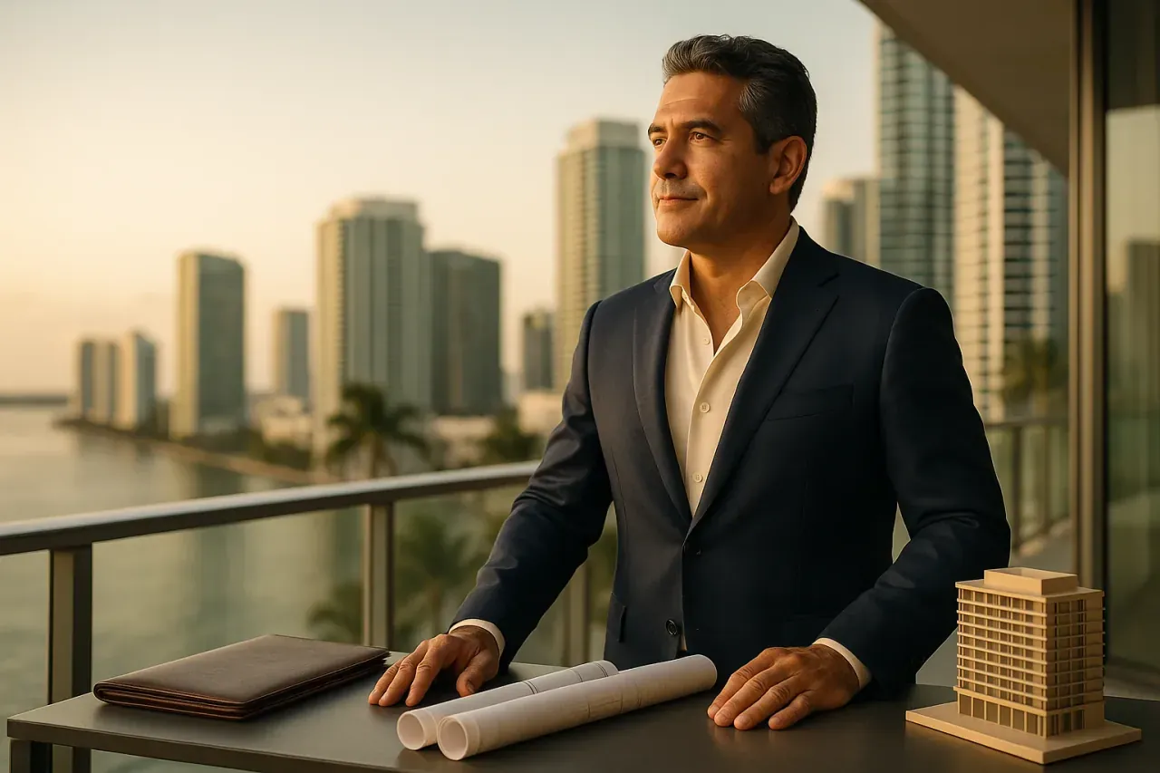 Latino investor in a Miami office reviewing a project to obtain a Green Card through the EB-5 visa